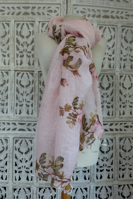 Pink Floral Print Linen Dupatta - New