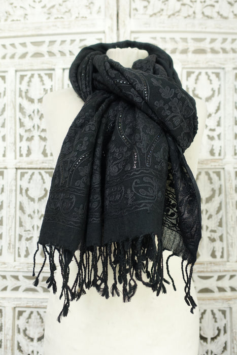Black Embroidered Shawl - New