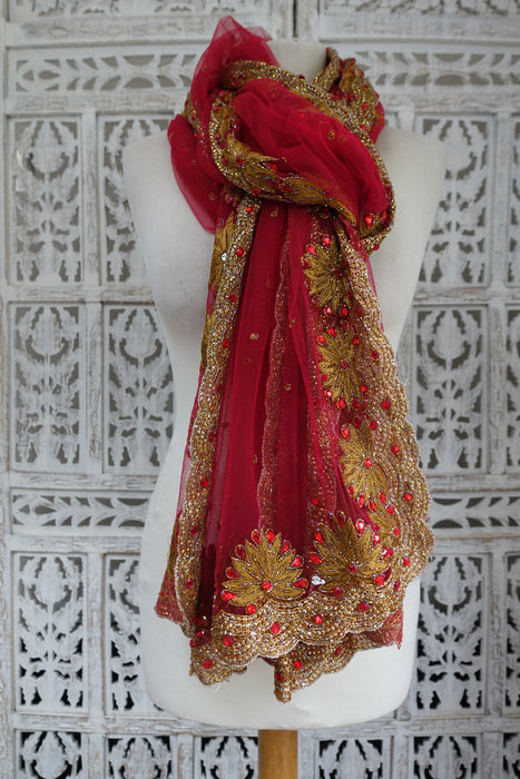 Red Embroidered Dupatta - New