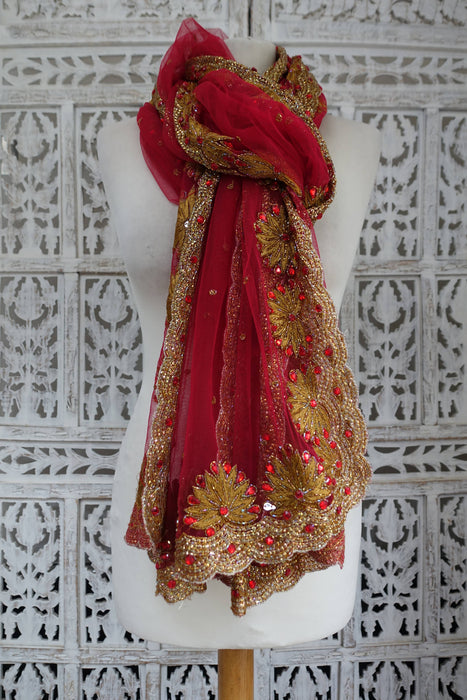 Red Embroidered Dupatta - New