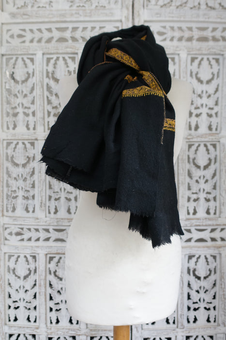 Black Wool Embroidered Winter Shawl - New