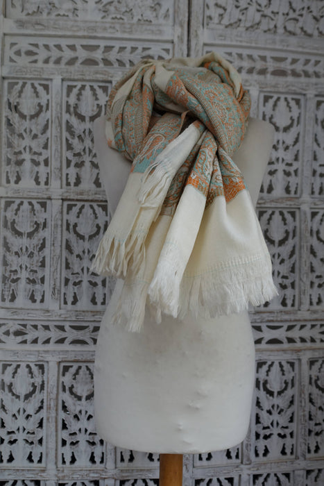 Off White Wool Pastel Coloured Embroidery Winter Shawl - New