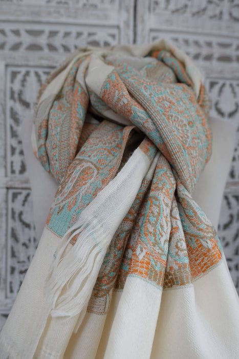 Off White Wool Pastel Coloured Embroidery Winter Shawl - New