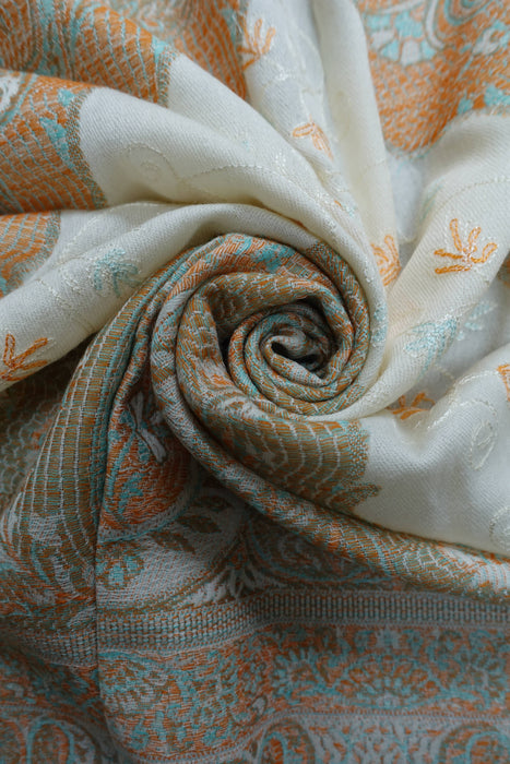 Off White Wool Pastel Coloured Embroidery Winter Shawl - New