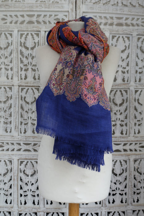 Blue Wool Embroidered Winter Shawl - New