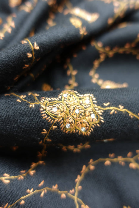 Black Wool Embroidered Winter Shawl - New