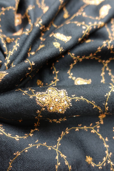 Black Wool Embroidered Winter Shawl - New
