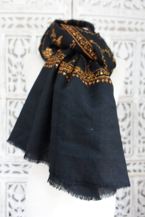 Black Wool Embroidered Winter Shawl - New