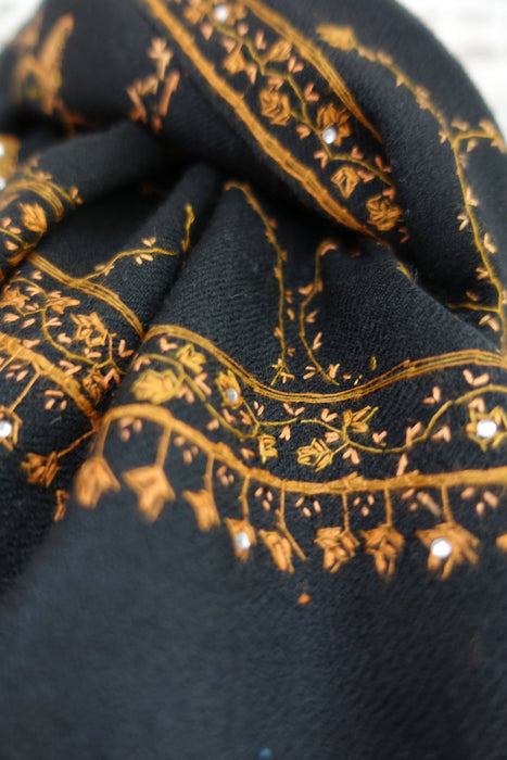 Black Wool Embroidered Winter Shawl - New