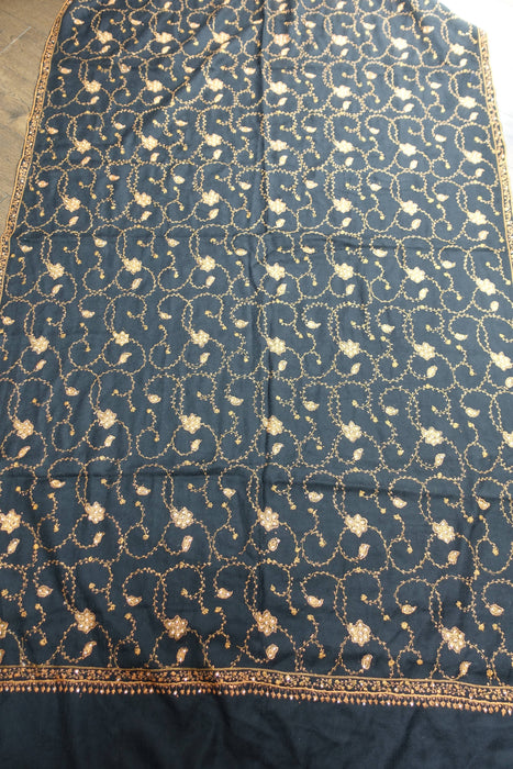 Black Wool Embroidered Winter Shawl - New