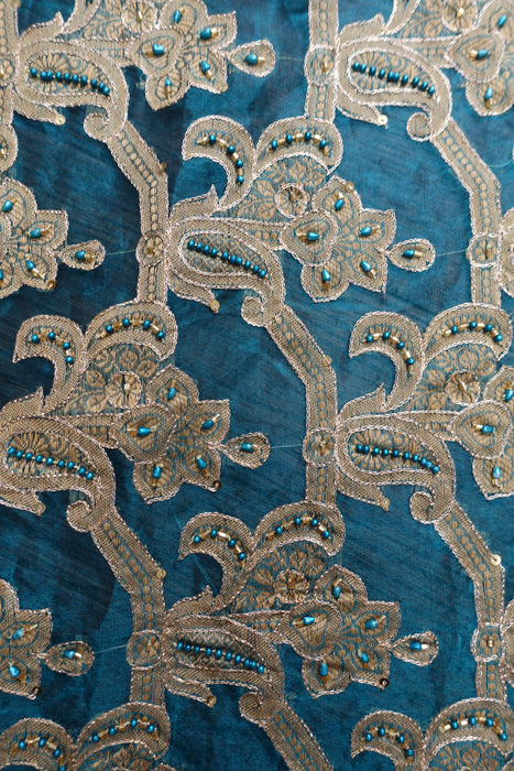 Teal Vintage Silk Voile Embroidered With Silk Fringe - New