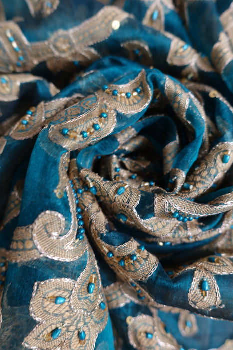 Teal Vintage Silk Voile Embroidered With Silk Fringe - New