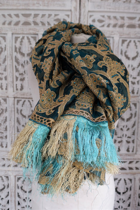 Teal Vintage Silk Voile Embroidered With Silk Fringe - New