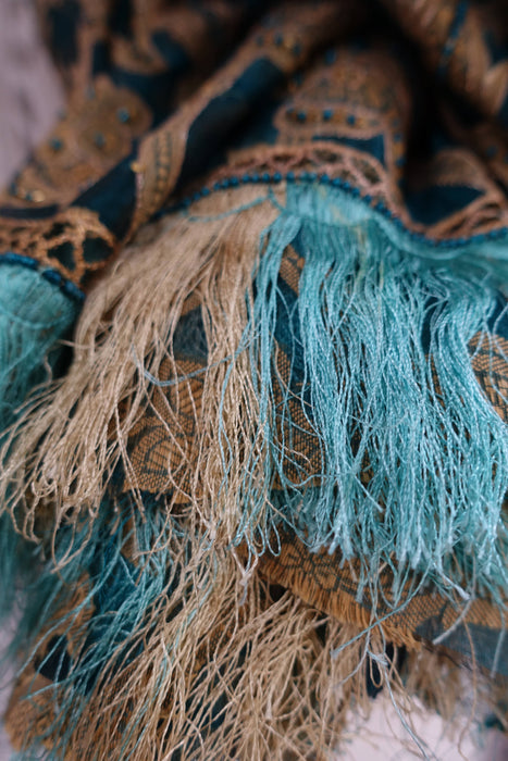 Teal Vintage Silk Voile Embroidered With Silk Fringe - New