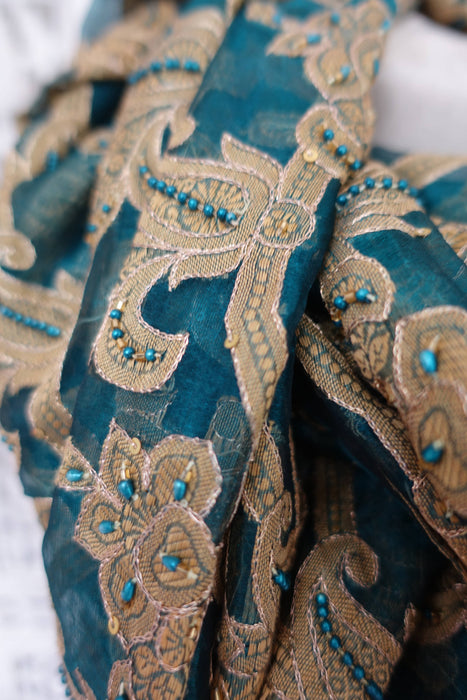 Teal Vintage Silk Voile Embroidered With Silk Fringe - New