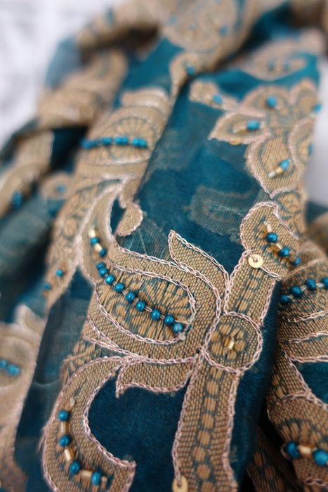 Teal Vintage Silk Voile Embroidered With Silk Fringe - New