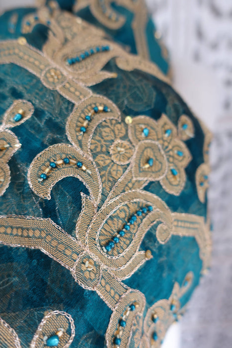Teal Vintage Silk Voile Embroidered With Silk Fringe - New