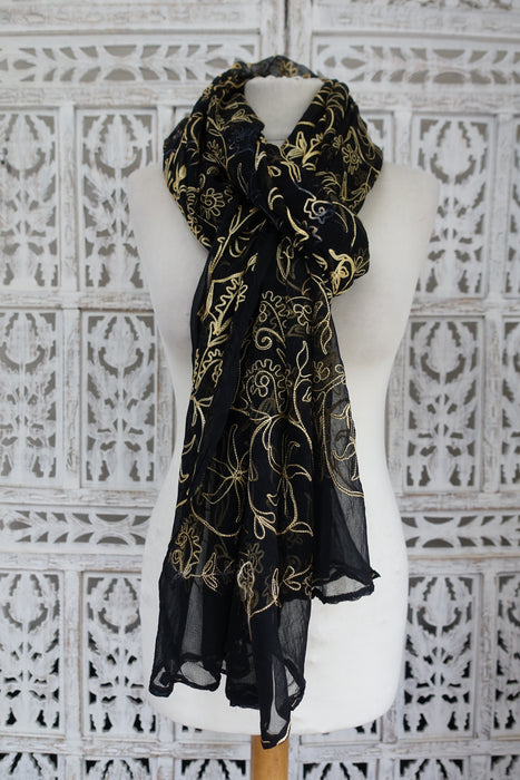 Black Chiffon Embroidered Vintage Dupatta - Preloved