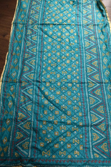 Teal Jade Tissue Silk Embroidered Vintage Dupatta - New