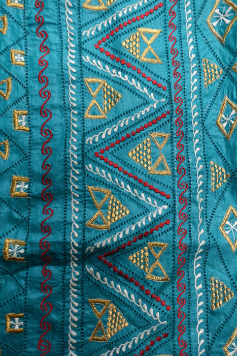 Teal Jade Tissue Silk Embroidered Vintage Dupatta - New