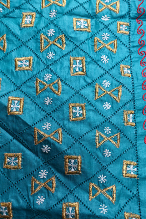 Teal Jade Tissue Silk Embroidered Vintage Dupatta - New