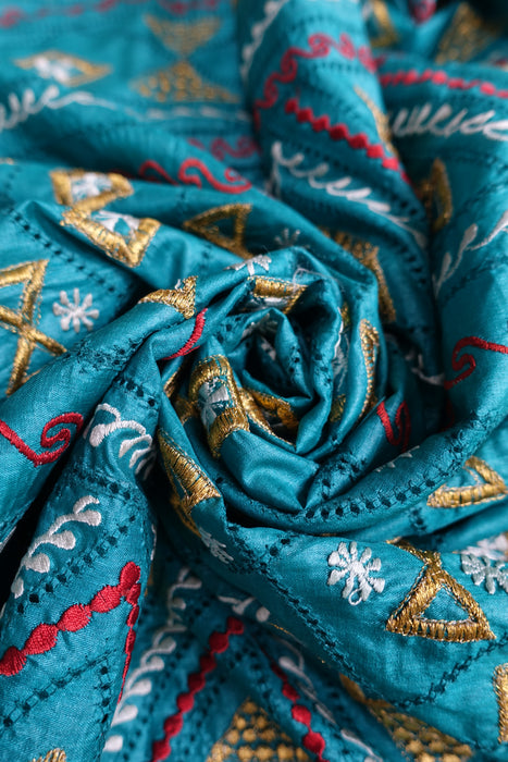 Teal Jade Tissue Silk Embroidered Vintage Dupatta - New