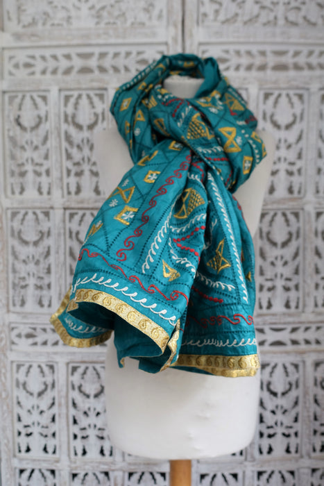 Teal Jade Tissue Silk Embroidered Vintage Dupatta - New