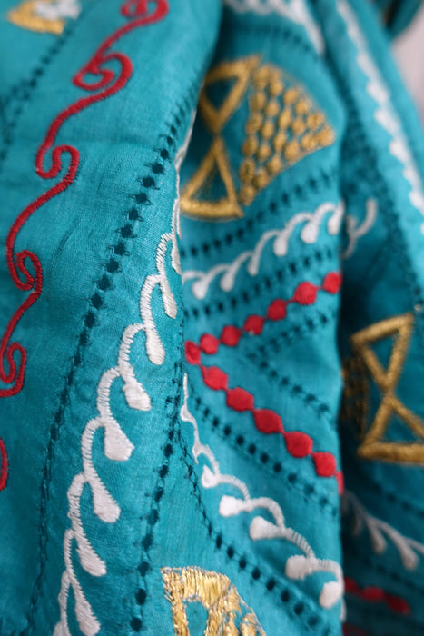 Teal Jade Tissue Silk Embroidered Vintage Dupatta - New
