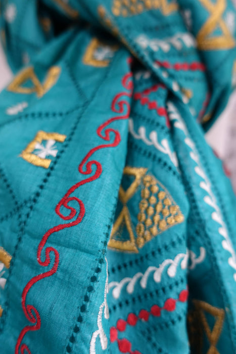 Teal Jade Tissue Silk Embroidered Vintage Dupatta - New