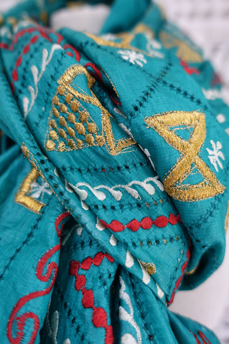 Teal Jade Tissue Silk Embroidered Vintage Dupatta - New