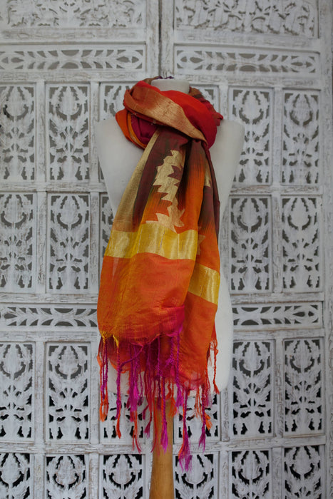 Orange Red Cotton Silk Blend Dupatta - Preloved