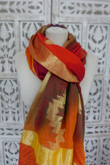 Orange Red Cotton Silk Blend Dupatta - Preloved