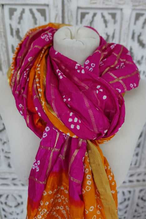 Saffron And Pink Bandhani Dupatta - New