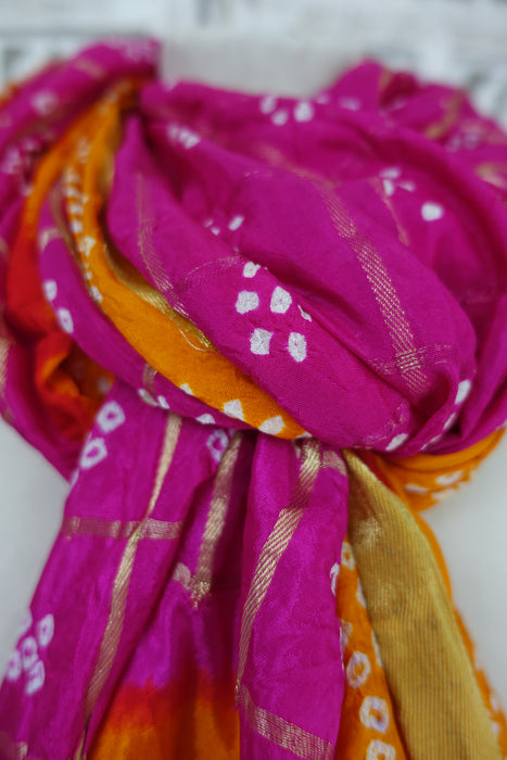 Saffron And Pink Bandhani Dupatta - New