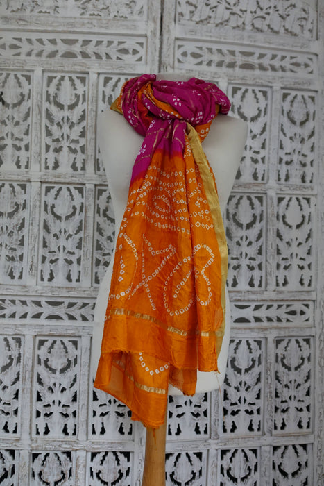 Saffron And Pink Bandhani Dupatta - New
