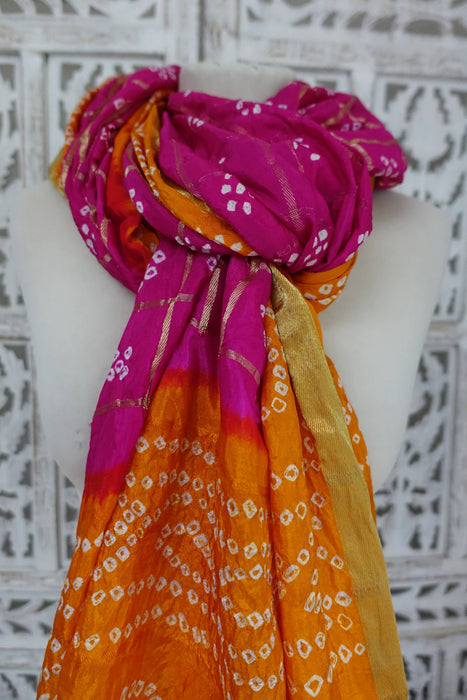 Saffron And Pink Bandhani Dupatta - New