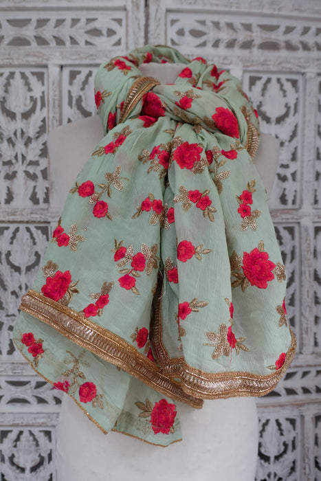 Mint Green Floral Embroidered Dupatta - New