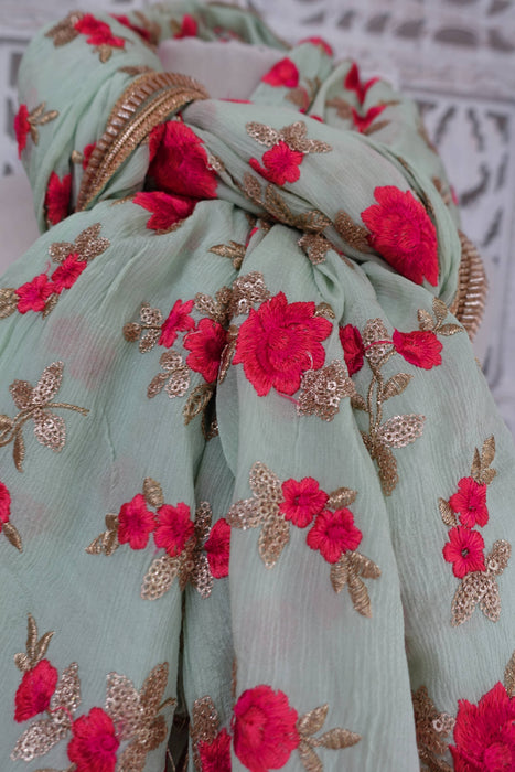 Mint Green Floral Embroidered Dupatta - New