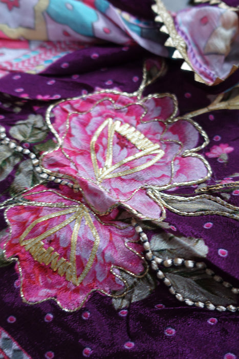 Purple Floral Appliqued Dupatta - New