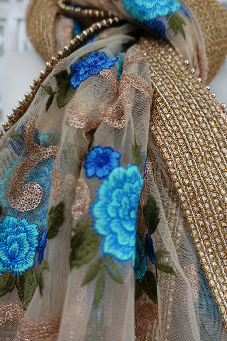 Gold Net With Blue Flowers And Sequins - New