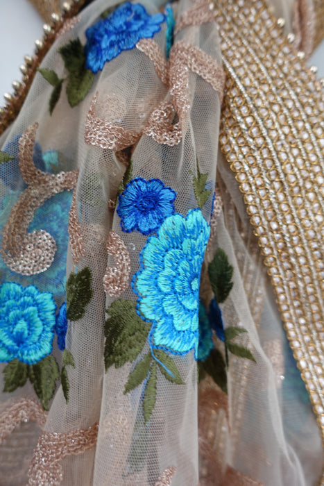Gold Net With Blue Flowers And Sequins - New