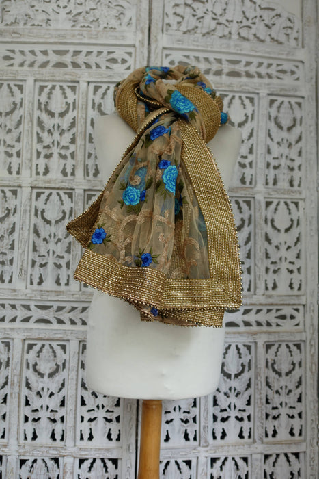 Gold Net With Blue Flowers And Sequins - New
