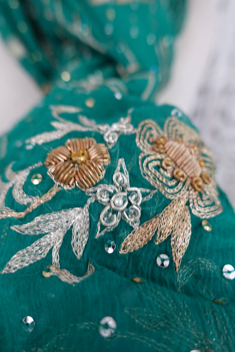 Sea Green Dark Vintage Embellished Dupatta - Preloved