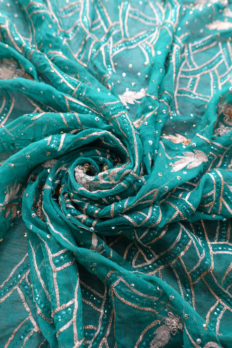 Sea Green Dark Vintage Embellished Dupatta - Preloved