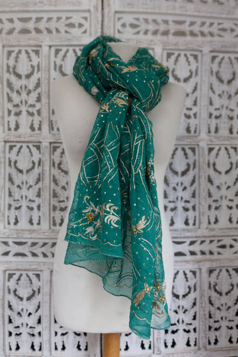 Sea Green Dark Vintage Embellished Dupatta - Preloved