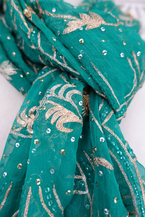 Sea Green Dark Vintage Embellished Dupatta - Preloved
