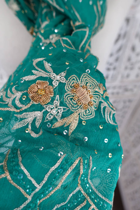 Sea Green Dark Vintage Embellished Dupatta - Preloved