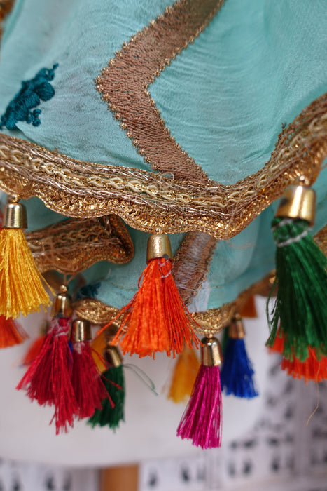 Blue Crushed Silk With Multicoloured Tassels - New