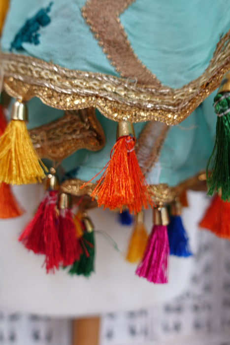 Blue Crushed Silk With Multicoloured Tassels - New