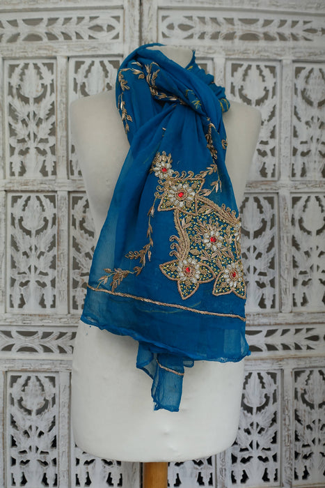 Blue Vintage Zardosi Silk Chiffon Dupatta - Preloved
